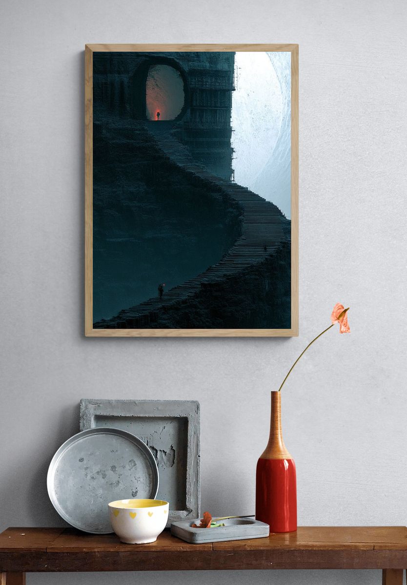 Misty Cliff Stairway Surrealism Print. — room view 3