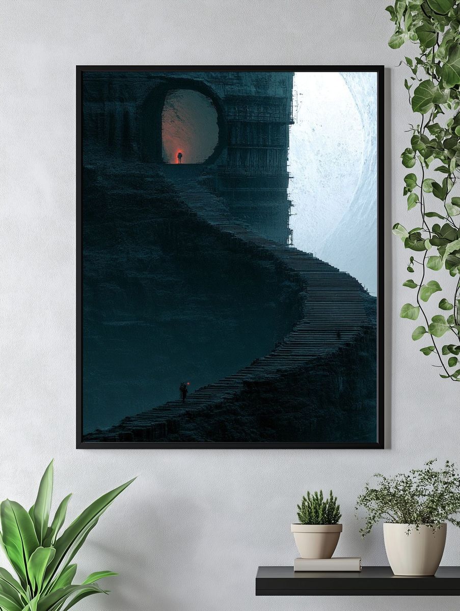 Misty Cliff Stairway Surrealism Print. — room view 4