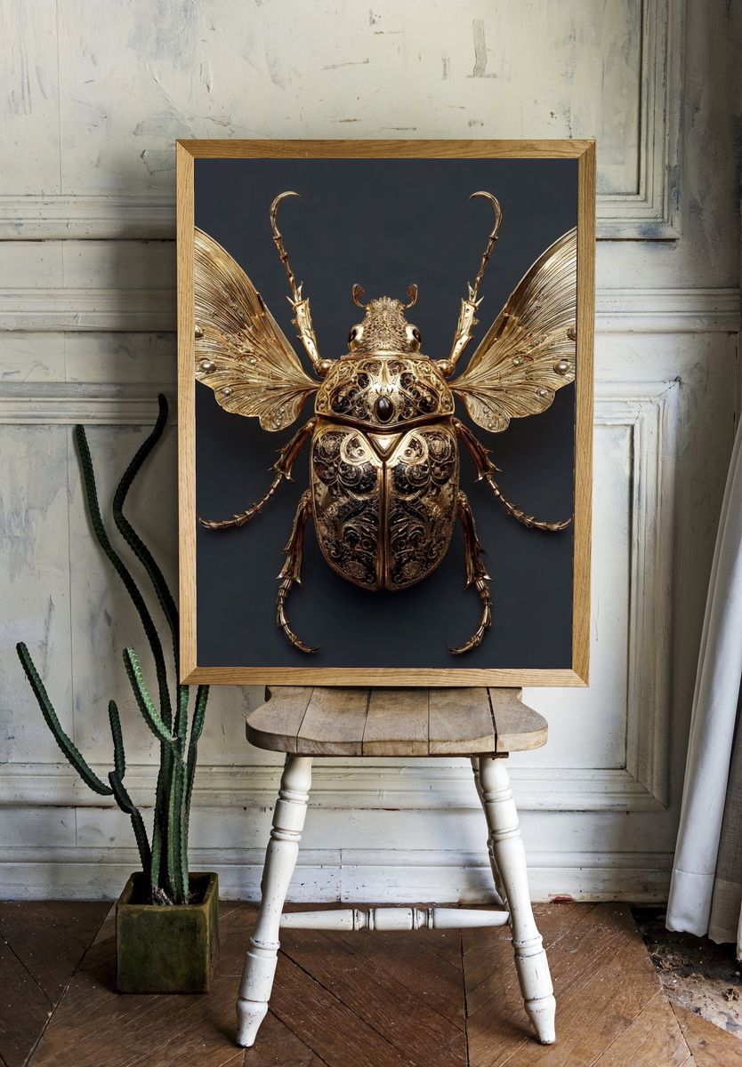 Golden Beetle Surreal Illustration Poster. — room view 1