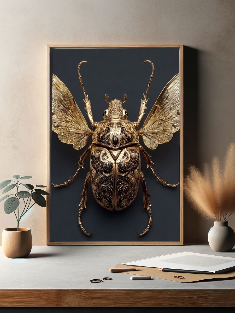 Golden Beetle Surreal Illustration Poster. — room view 2