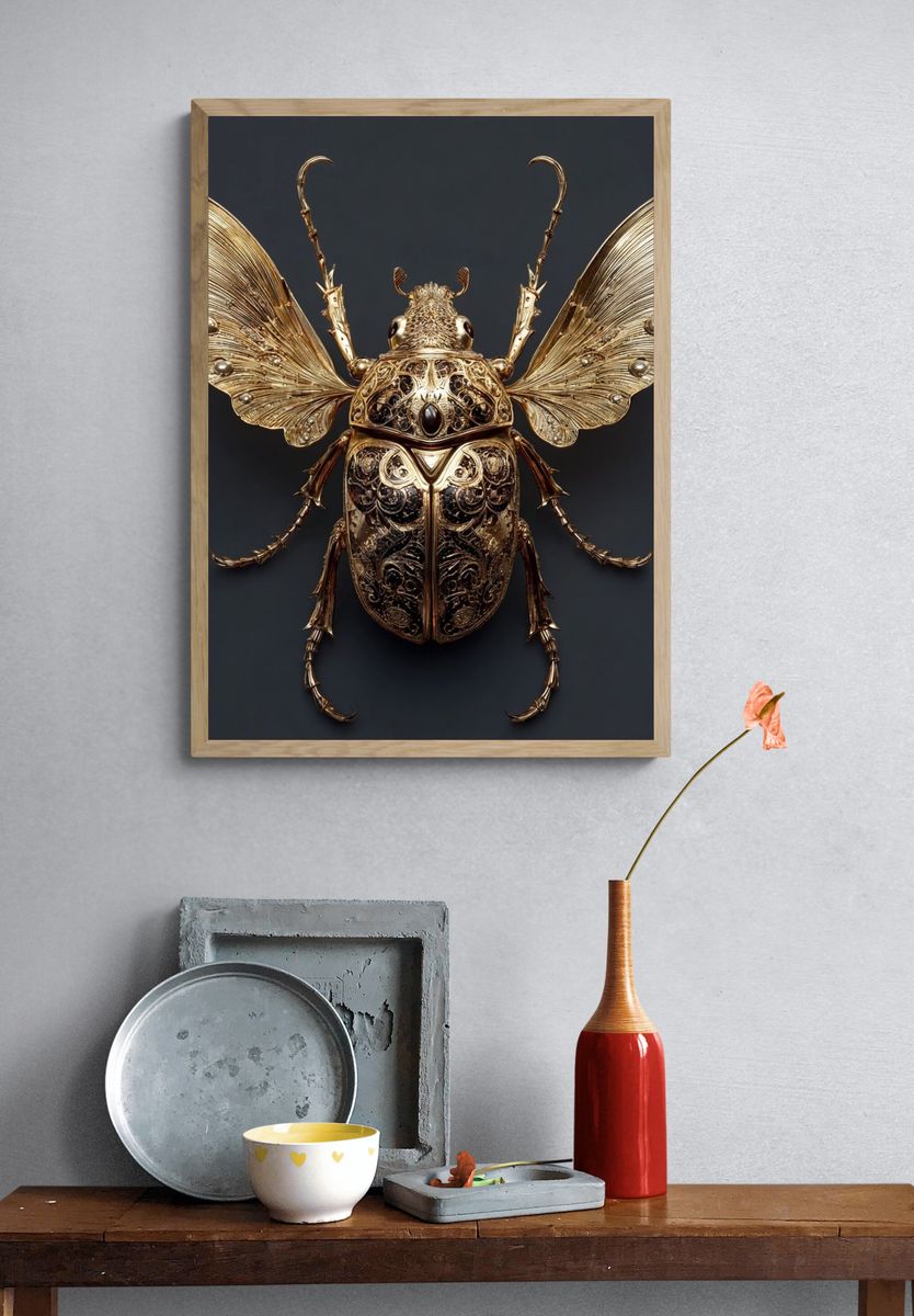 Golden Beetle Surreal Illustration Poster. — room view 3