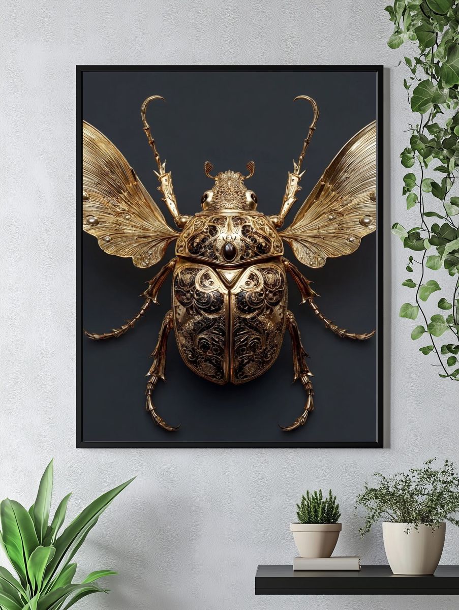 Golden Beetle Surreal Illustration Poster. — room view 4