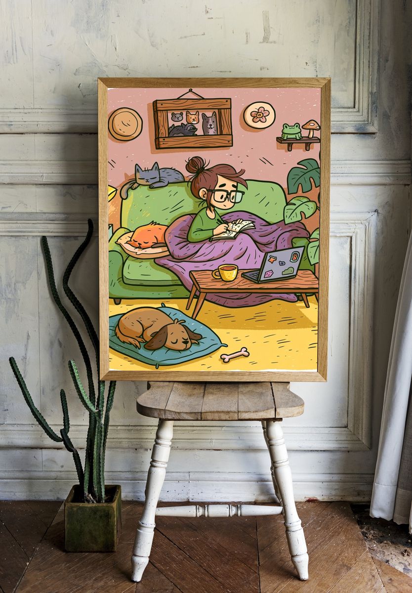Cozy Home Office Illustration Poster. — room view 1