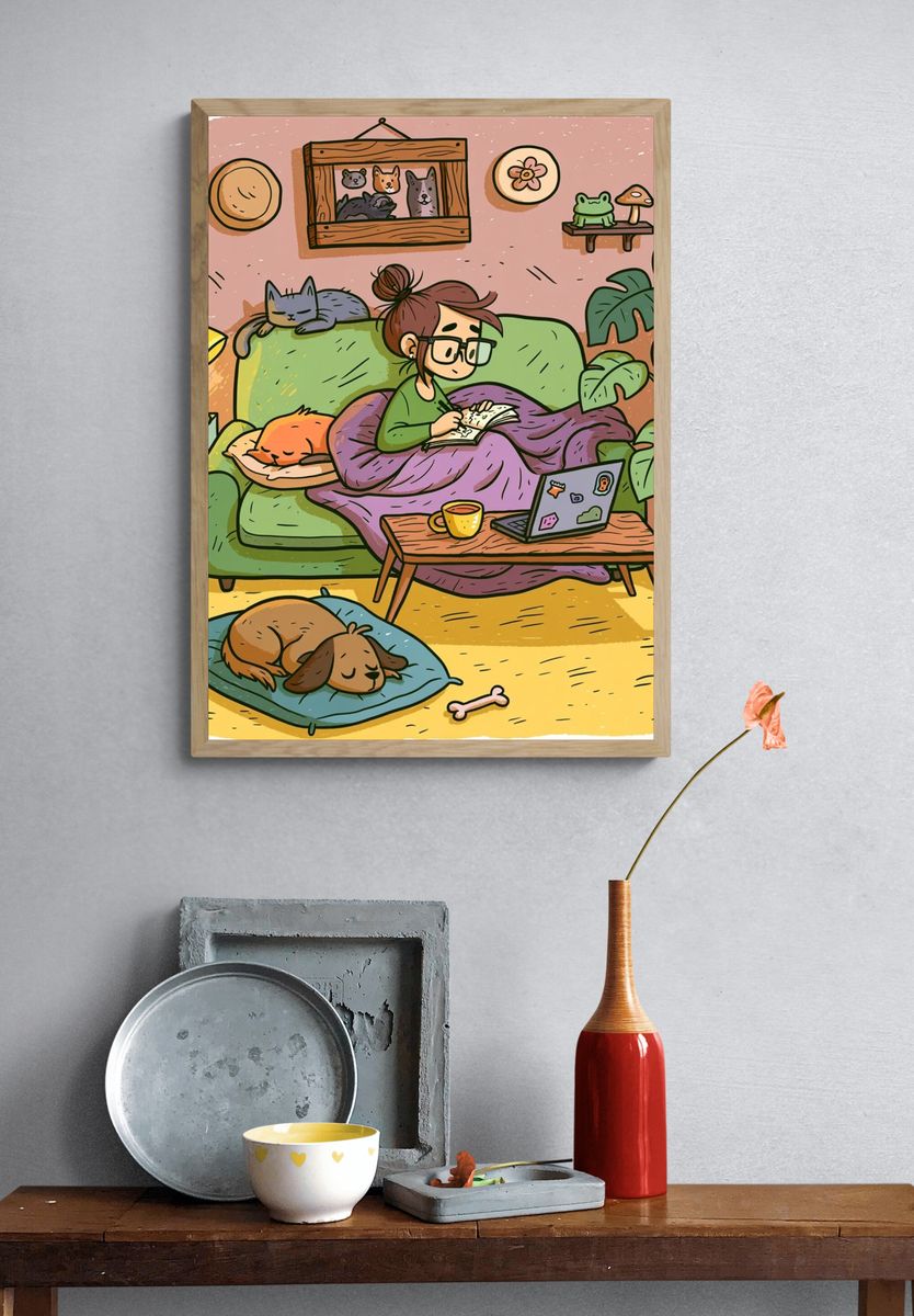 Cozy Home Office Illustration Poster. — room view 3