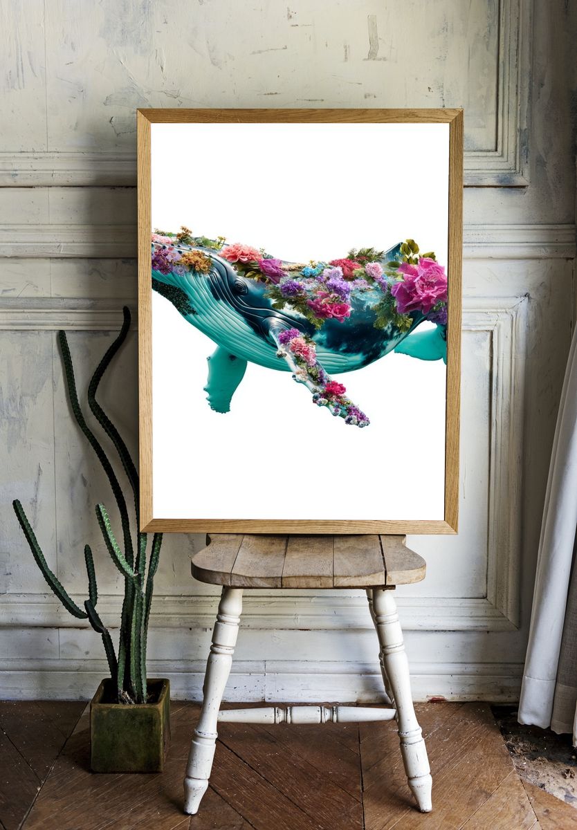 Floral Humpback Whale Illustration Poster. — room view 1