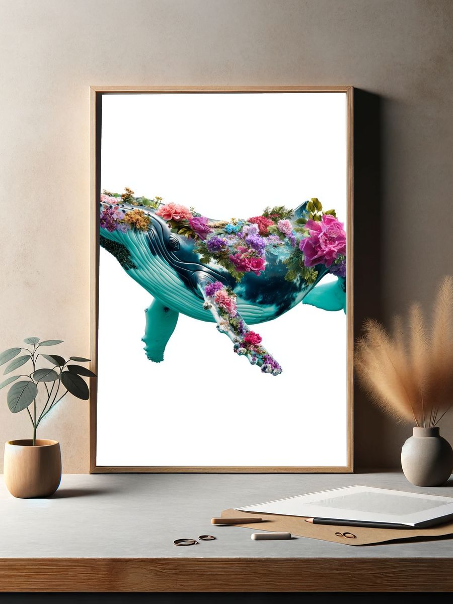 Floral Humpback Whale Illustration Poster. — room view 2
