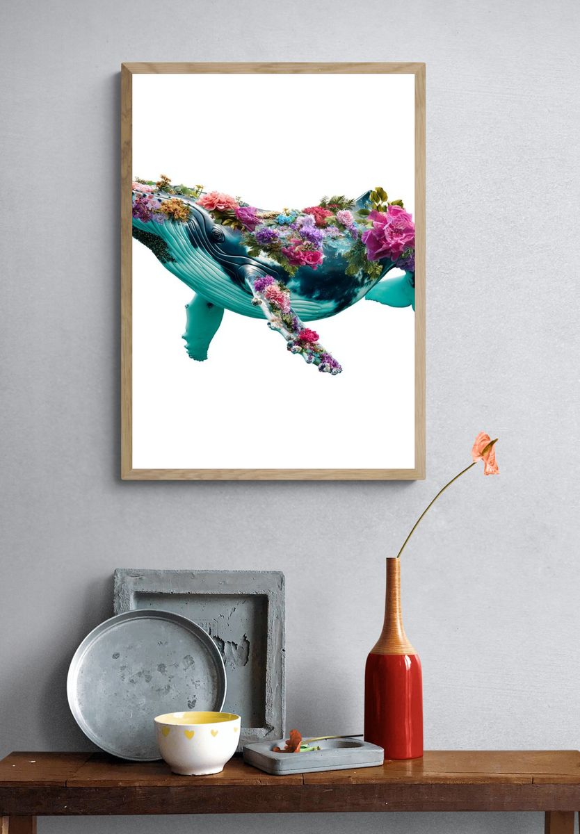 Floral Humpback Whale Illustration Poster. — room view 3