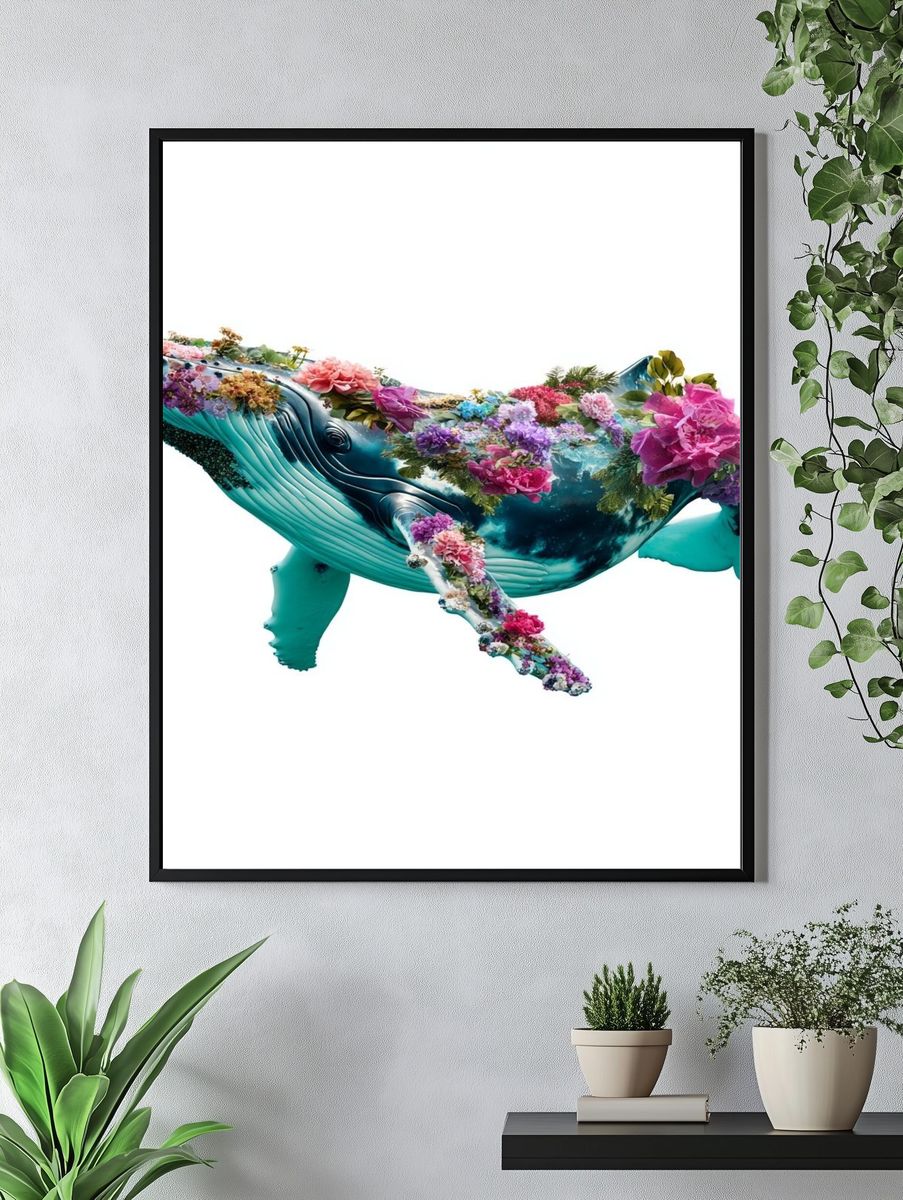 Floral Humpback Whale Illustration Poster. — room view 4