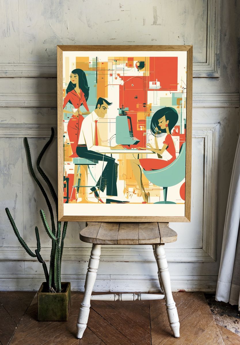 Retro Office Scene Illustration Poster. — room view 1