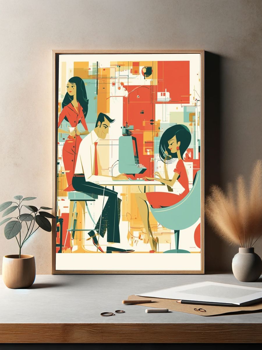 Retro Office Scene Illustration Poster. — room view 2