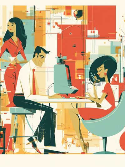 Retro Office Scene Illustration Poster. poster print