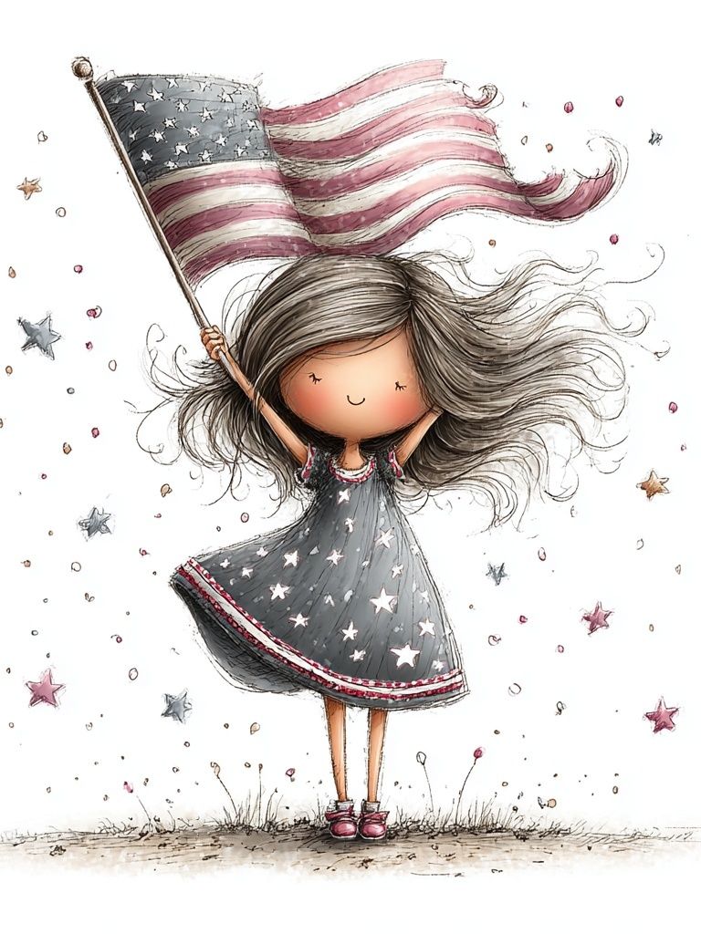 Little Girl with American Flag Illustration Poster. poster — illustration art