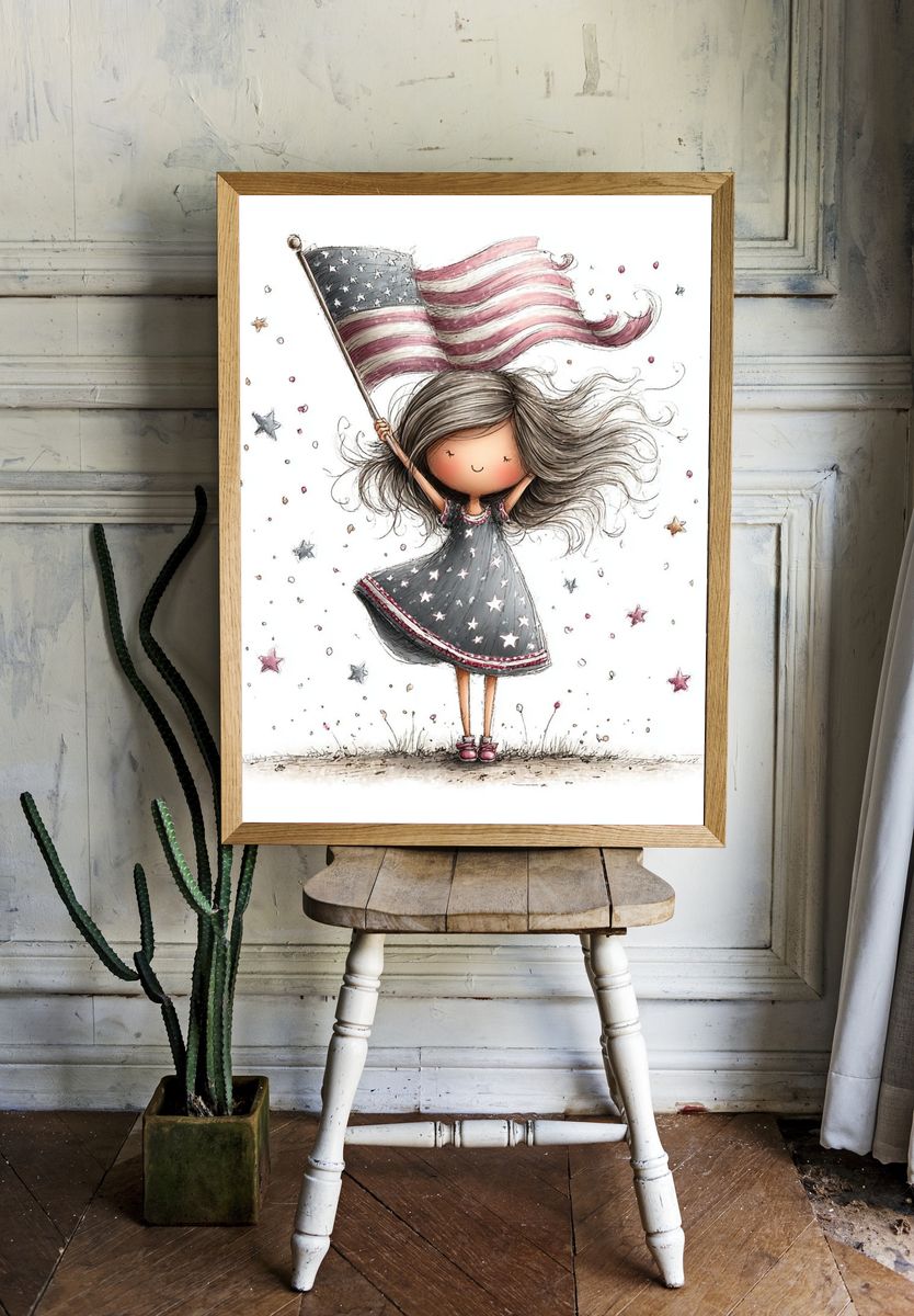 Little Girl with American Flag Illustration Poster. — room view 1