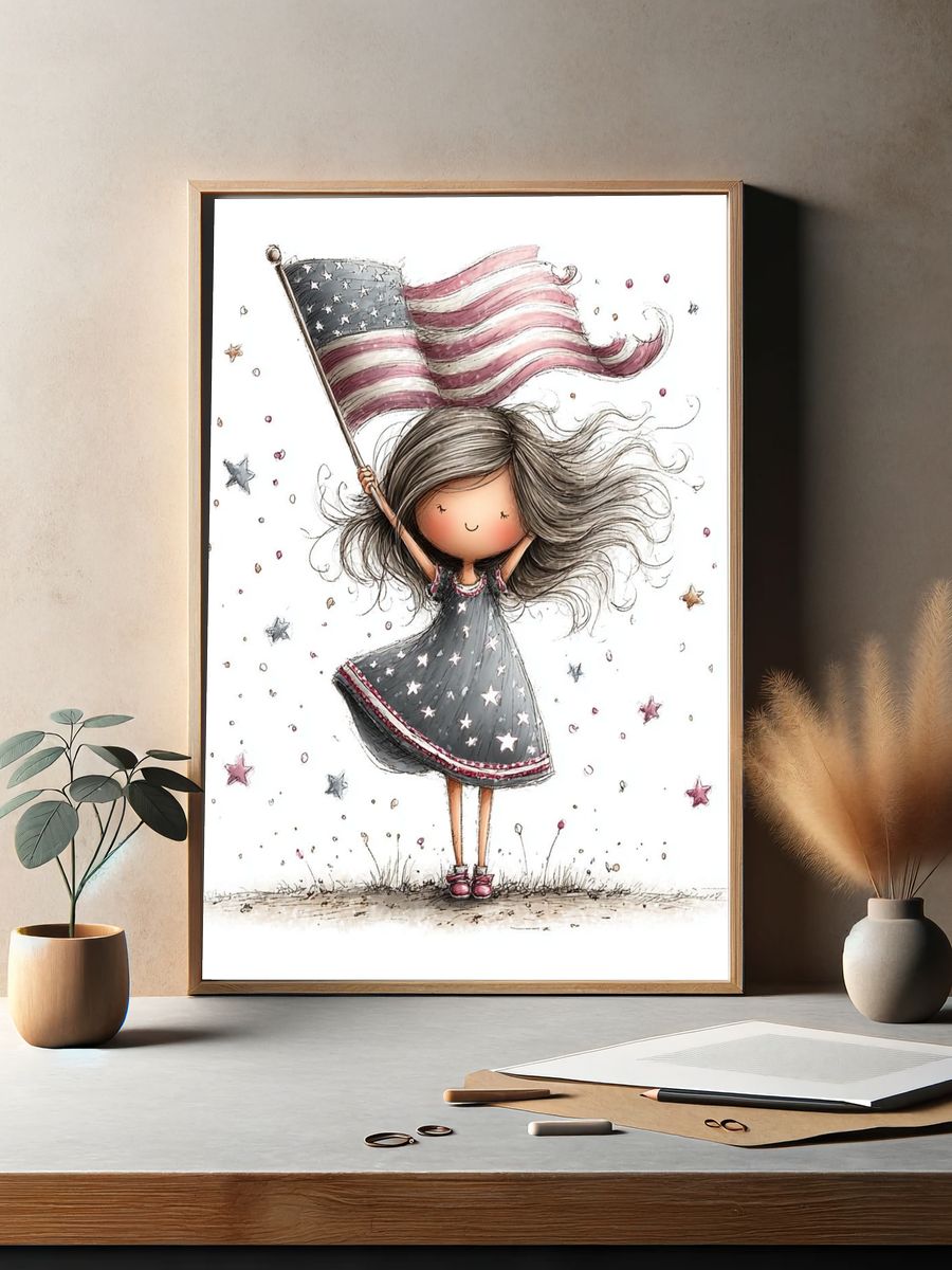 Little Girl with American Flag Illustration Poster. — room view 2