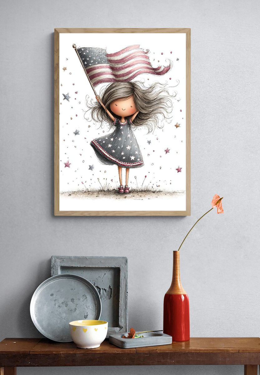 Little Girl with American Flag Illustration Poster. — room view 3