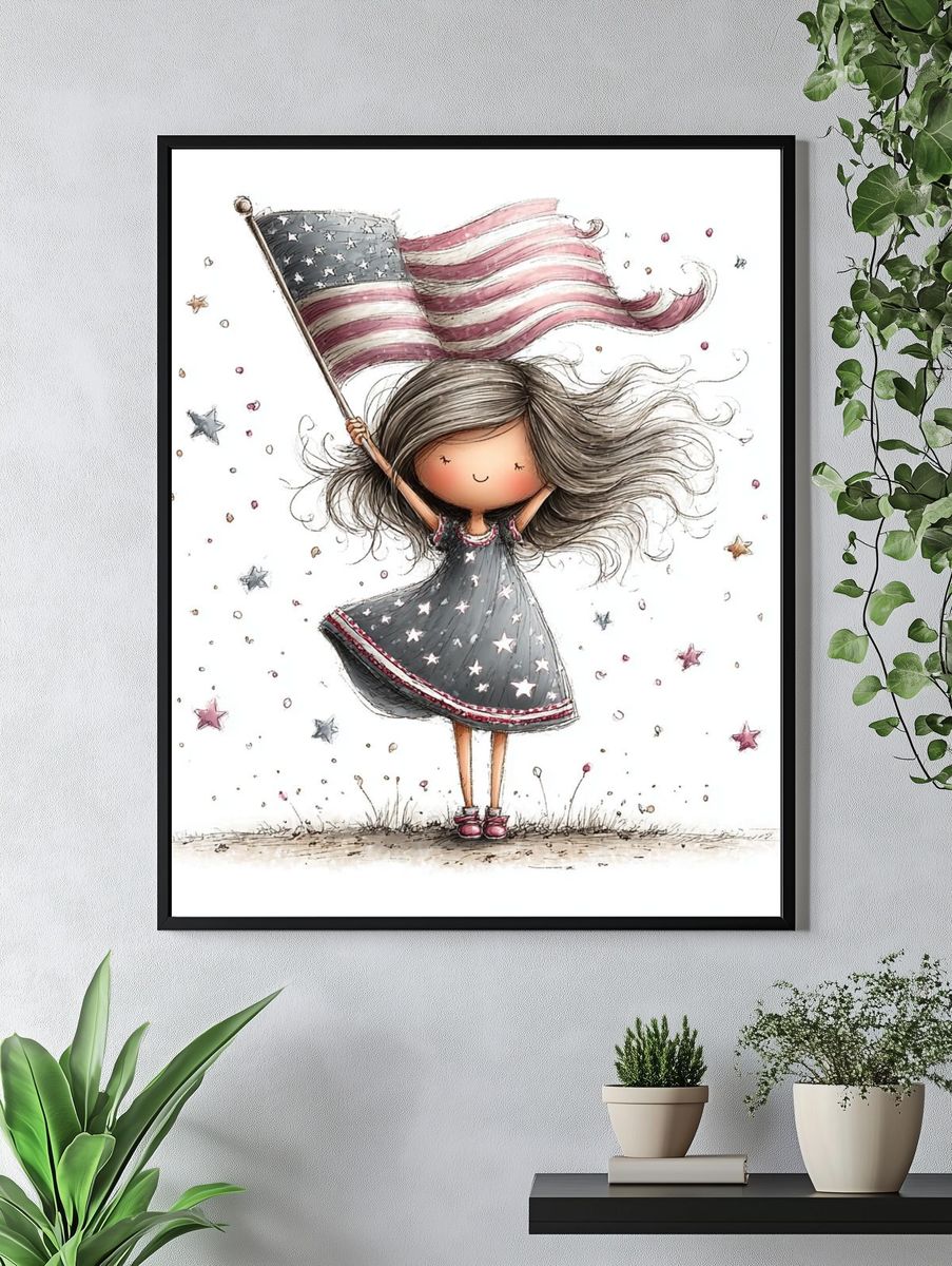 Little Girl with American Flag Illustration Poster. — room view 4