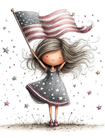 Little Girl with American Flag Illustration Poster. poster