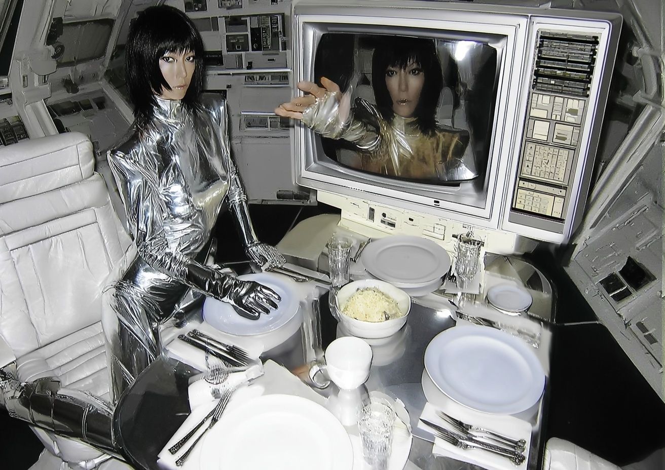 Futuristic Silver Dining Scene Poster. poster detail