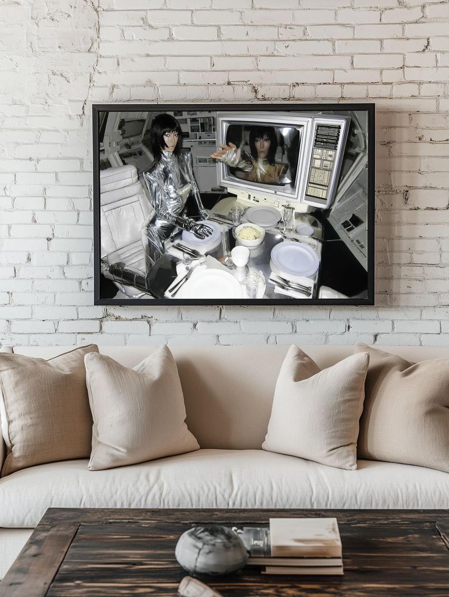 Futuristic Silver Dining Scene Poster. — room view 1