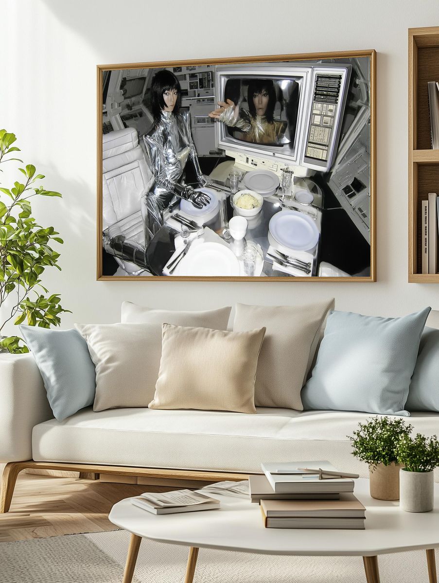 Futuristic Silver Dining Scene Poster. — room view 2