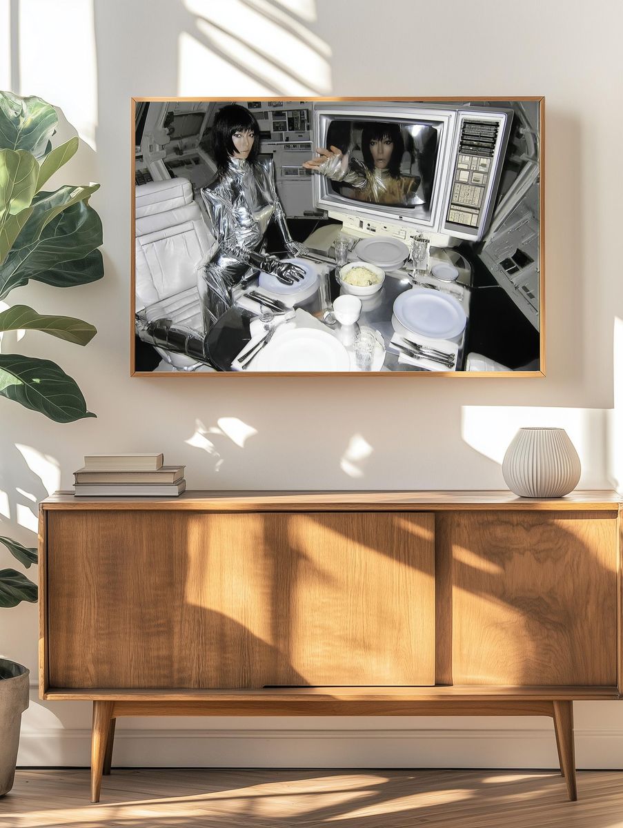Futuristic Silver Dining Scene Poster. — room view 3