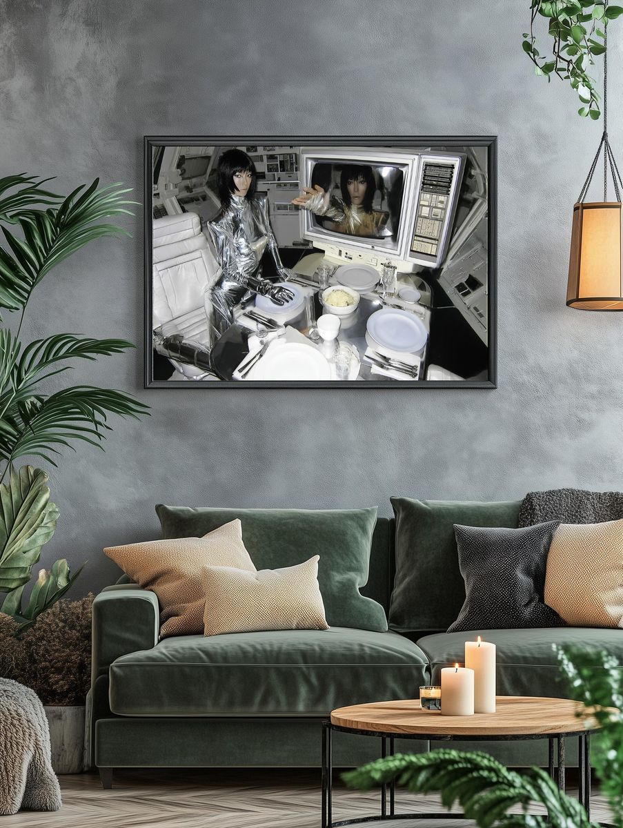 Futuristic Silver Dining Scene Poster. — room view 4