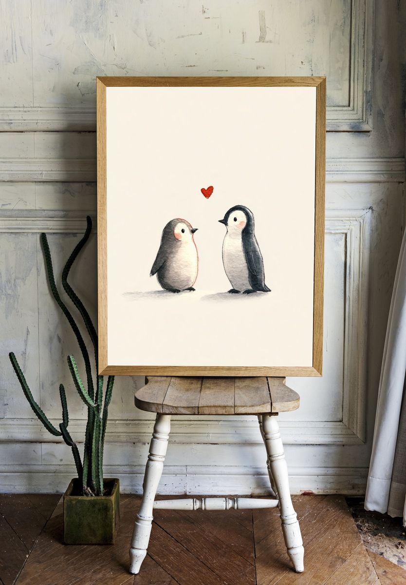 Penguin Love Illustration Poster. — room view 1