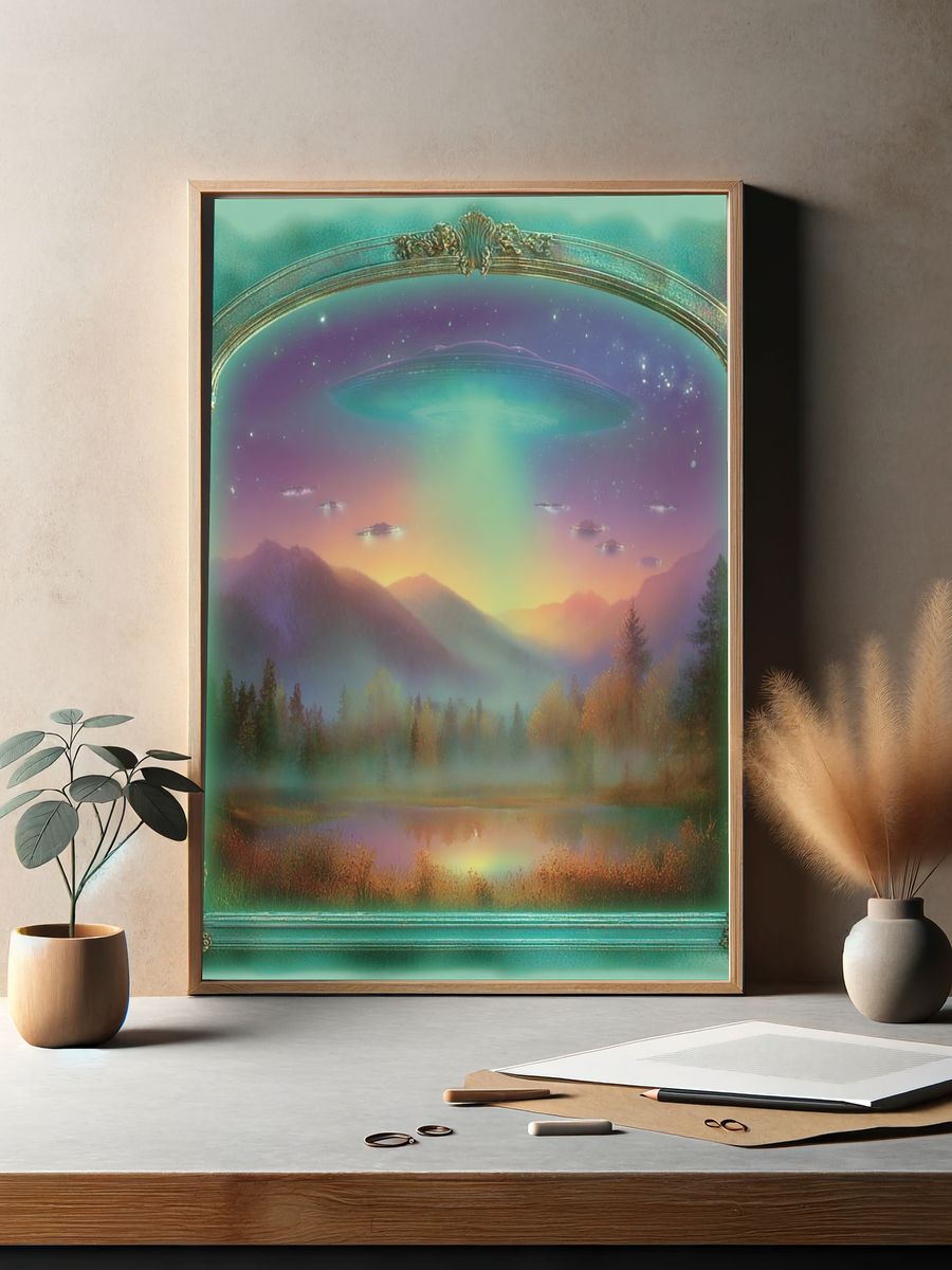 Surreal UFO Landscape Print. — room view 2