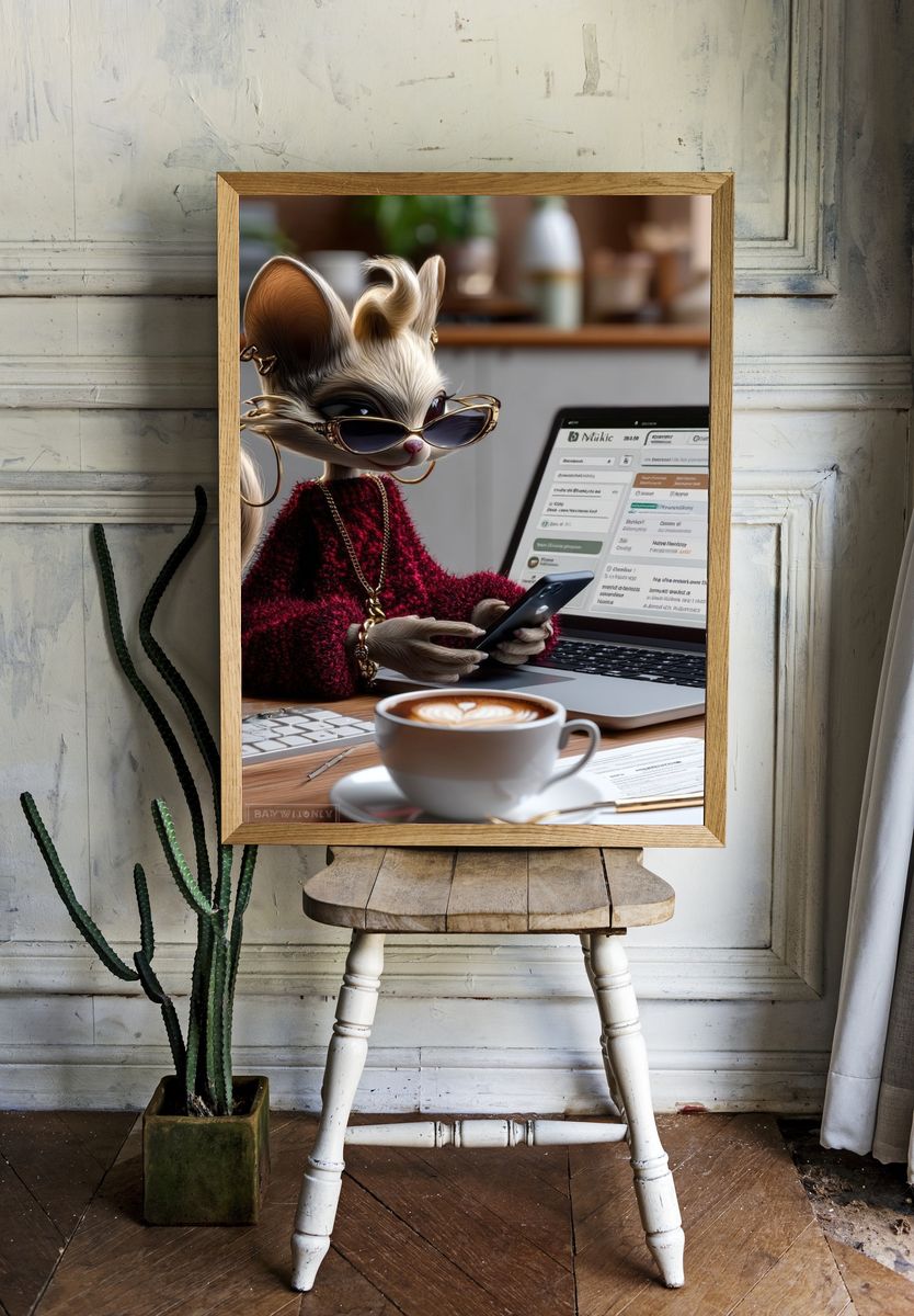 Stylish Mouse at Desk Illustration Poster. — room view 1