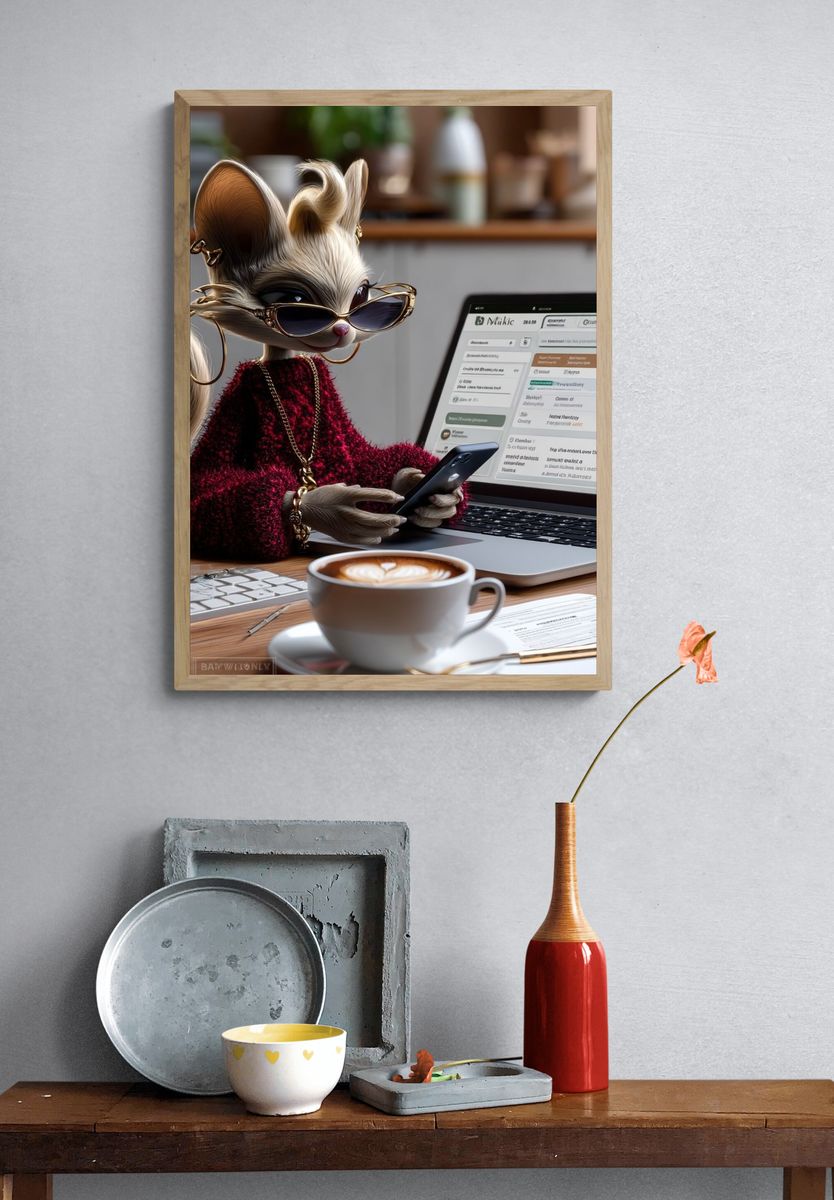 Stylish Mouse at Desk Illustration Poster. — room view 3