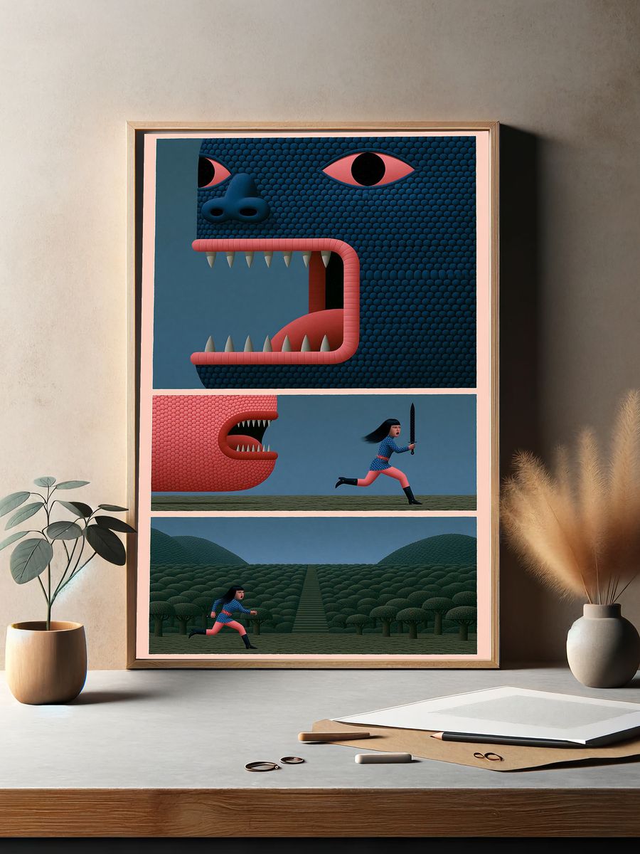Mythic Monster Chase Illustration Poster. — room view 2