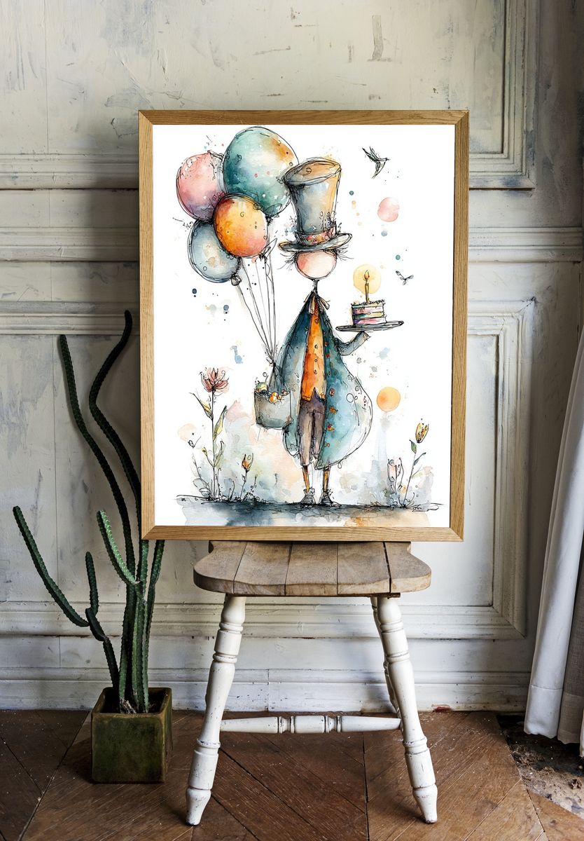 Whimsical Balloon Bird Watercolor Print. — room view 1