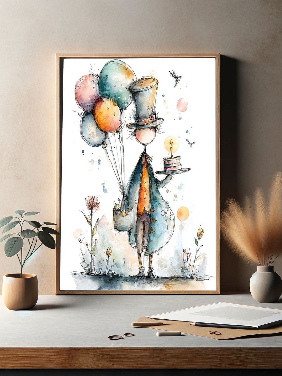 Whimsical Balloon Bird Watercolor Print. — room view 2