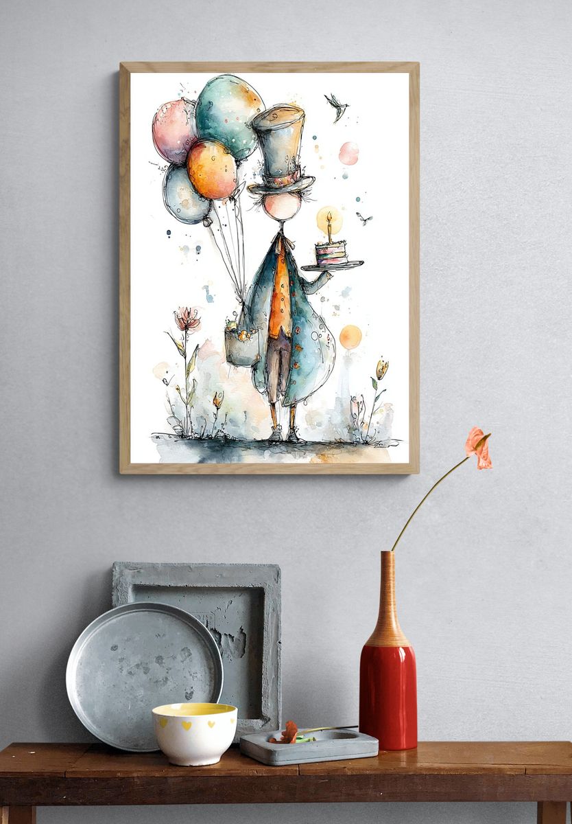Whimsical Balloon Bird Watercolor Print. — room view 3