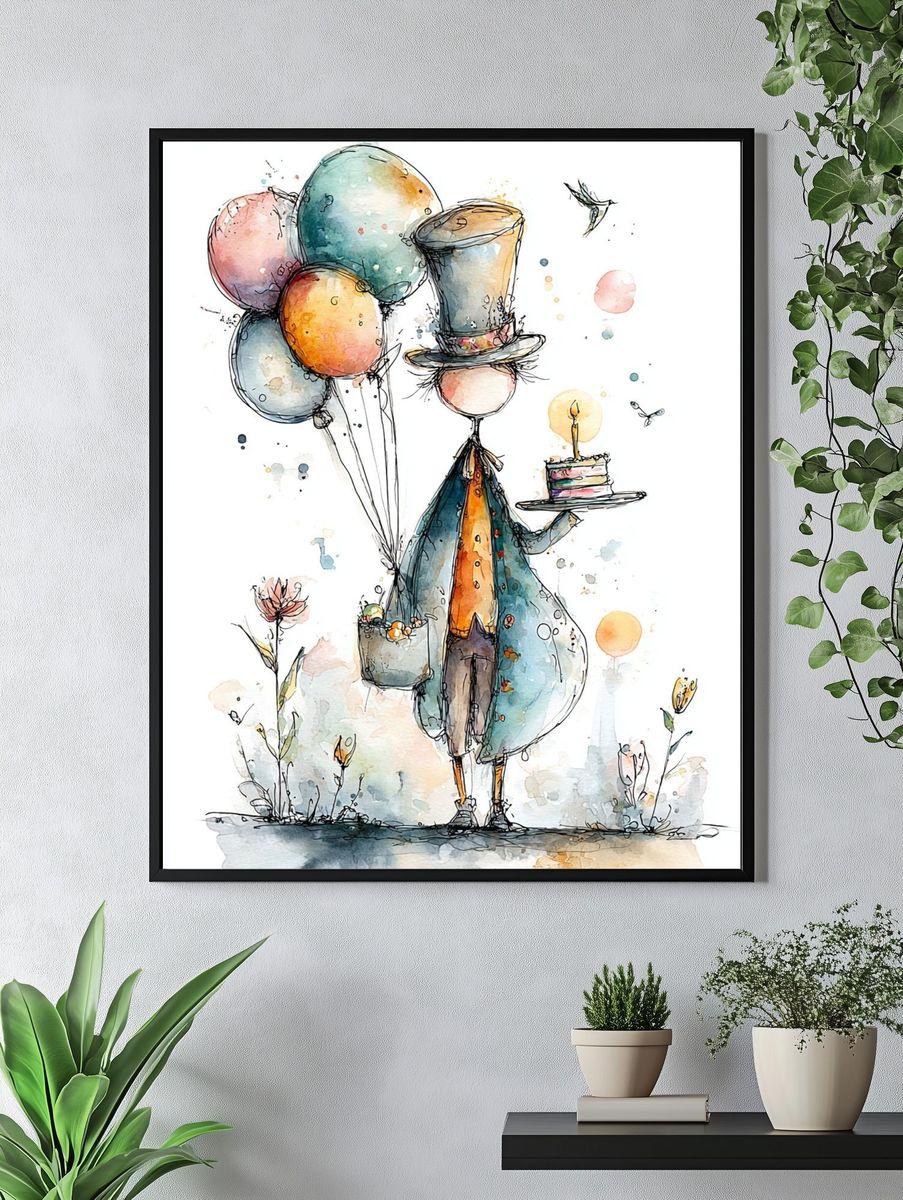 Whimsical Balloon Bird Watercolor Print. — room view 4