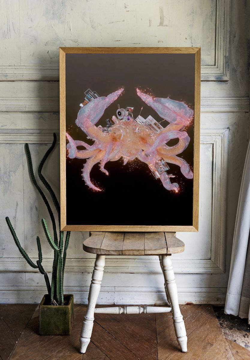 Surreal Cosmic Crab Illustration Poster. — room view 1