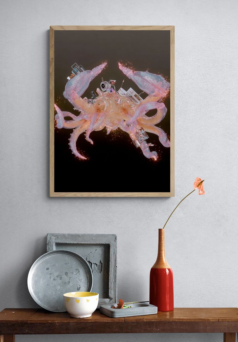 Surreal Cosmic Crab Illustration Poster. — room view 3