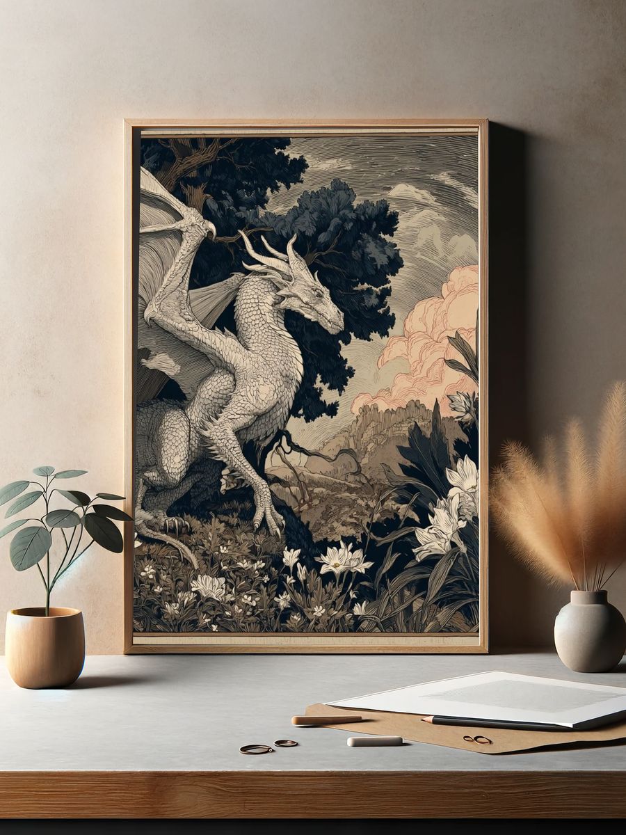 Dragon Garden Illustration Poster. — room view 2