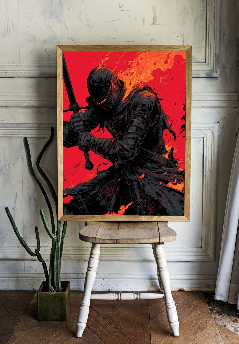 Flaming Knight Digital Art Poster. — room view 1