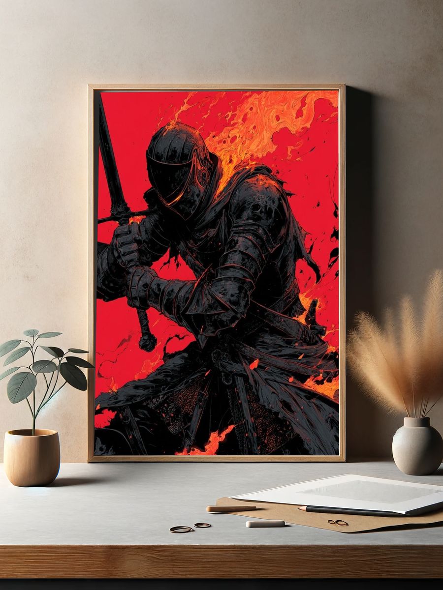 Flaming Knight Digital Art Poster. — room view 2