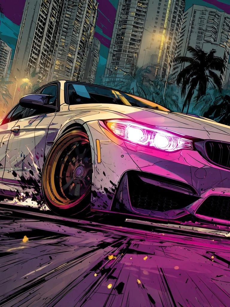 Neon Drift City Car Illustration Poster. poster detail