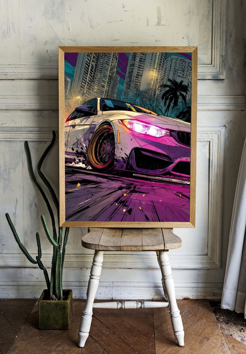 Neon Drift City Car Illustration Poster. — room view 1