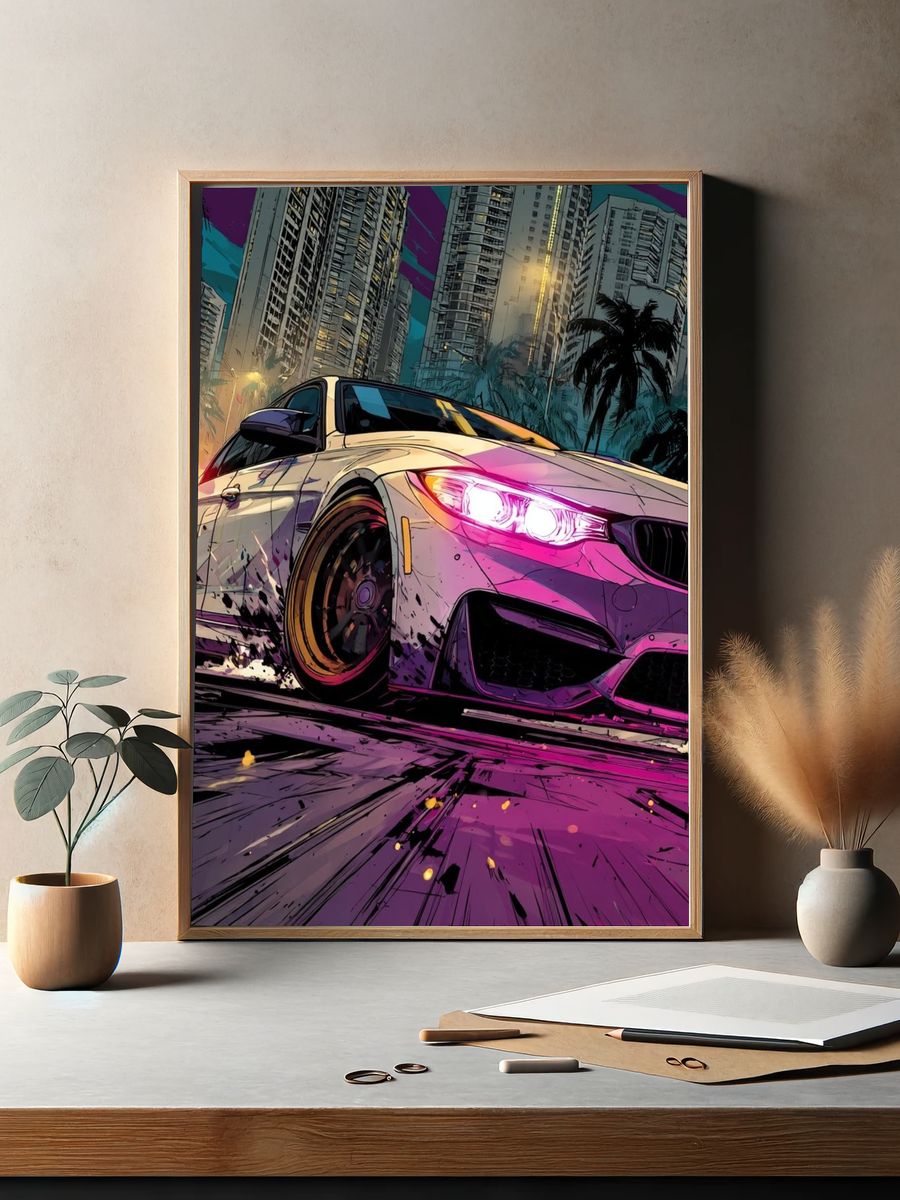 Neon Drift City Car Illustration Poster. — room view 2