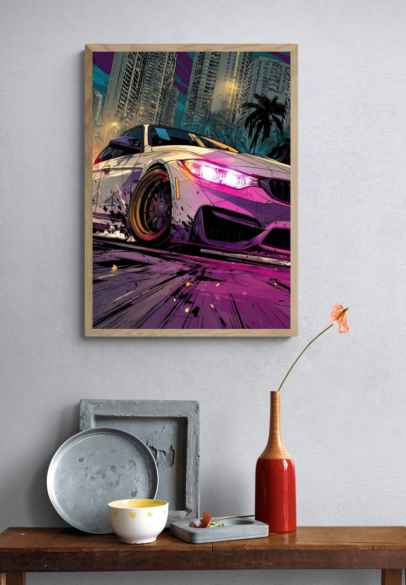 Neon Drift City Car Illustration Poster. — room view 3