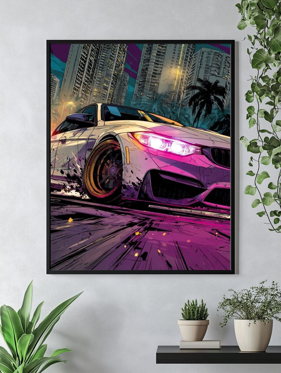 Neon Drift City Car Illustration Poster. — room view 4