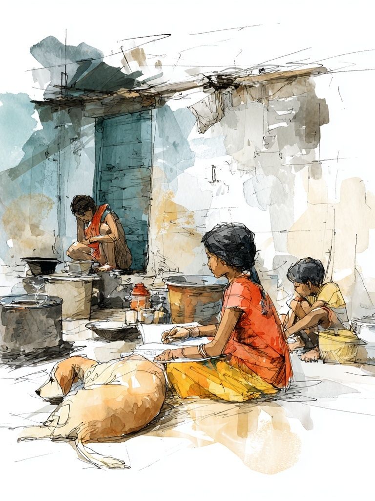 Village Life Watercolor Print. poster — illustration art