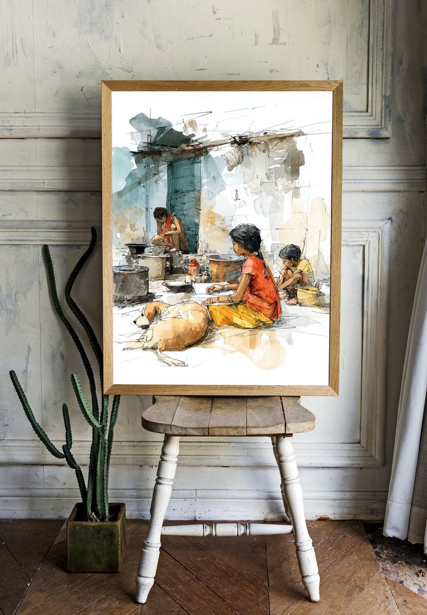 Village Life Watercolor Print. — room view 1