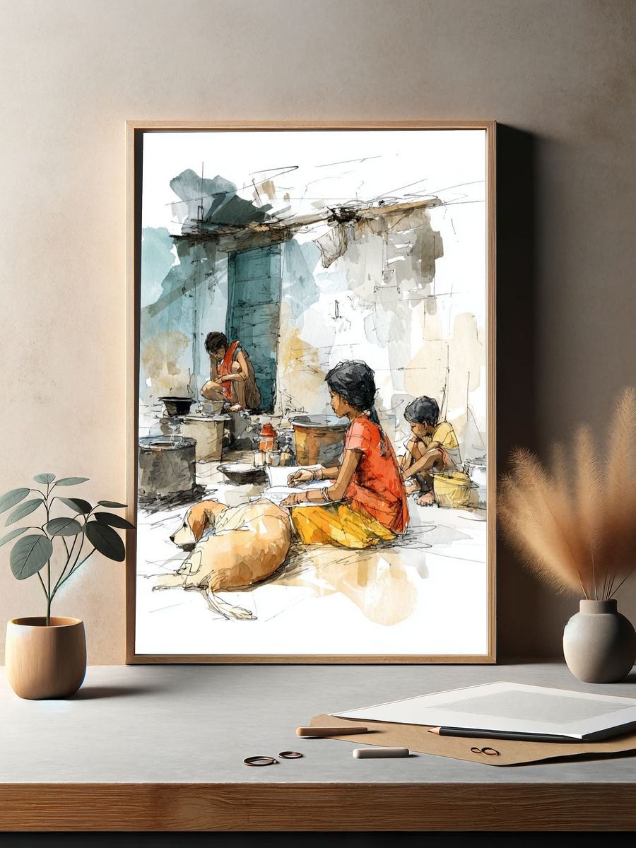Village Life Watercolor Print. — room view 2