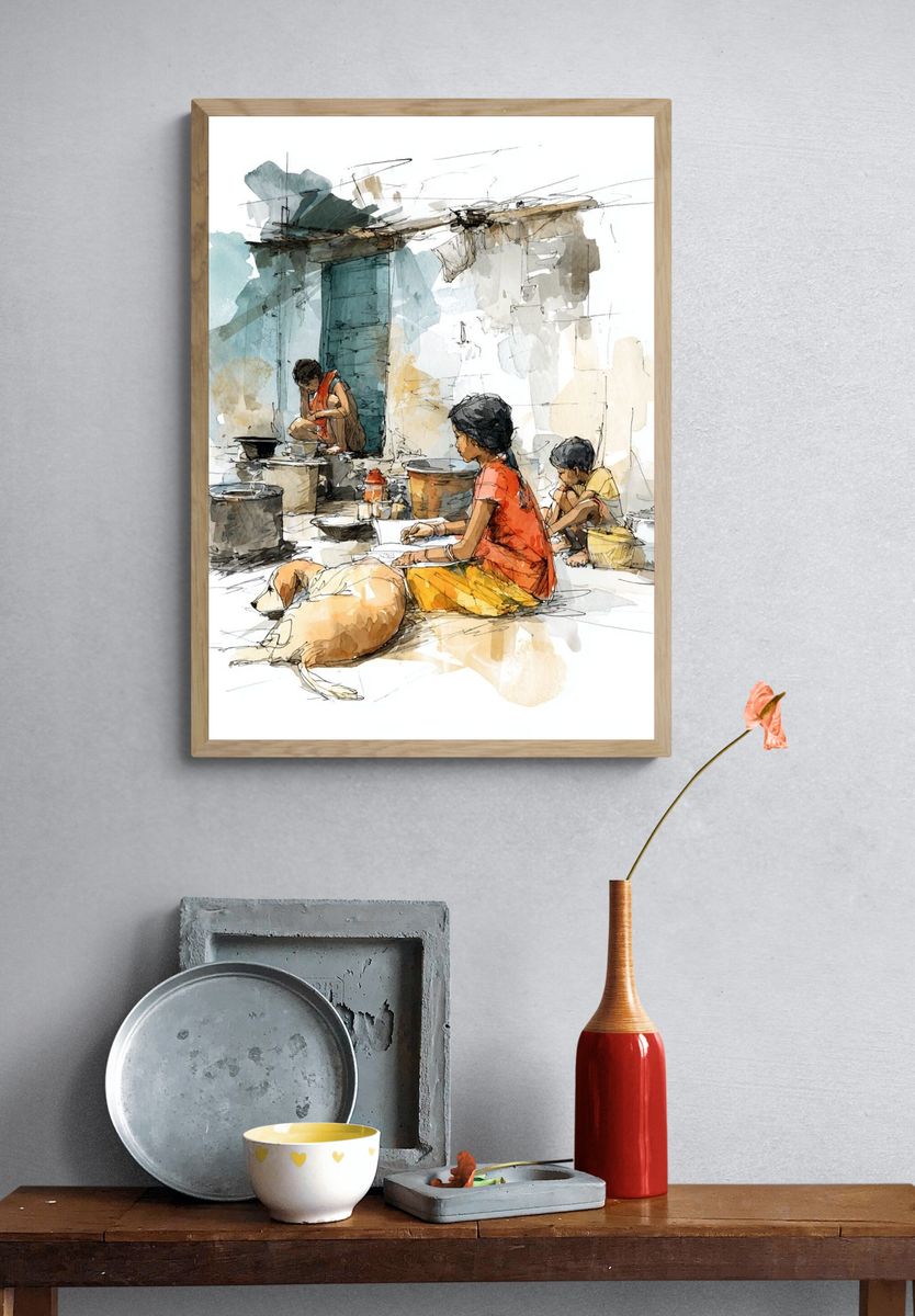 Village Life Watercolor Print. — room view 3