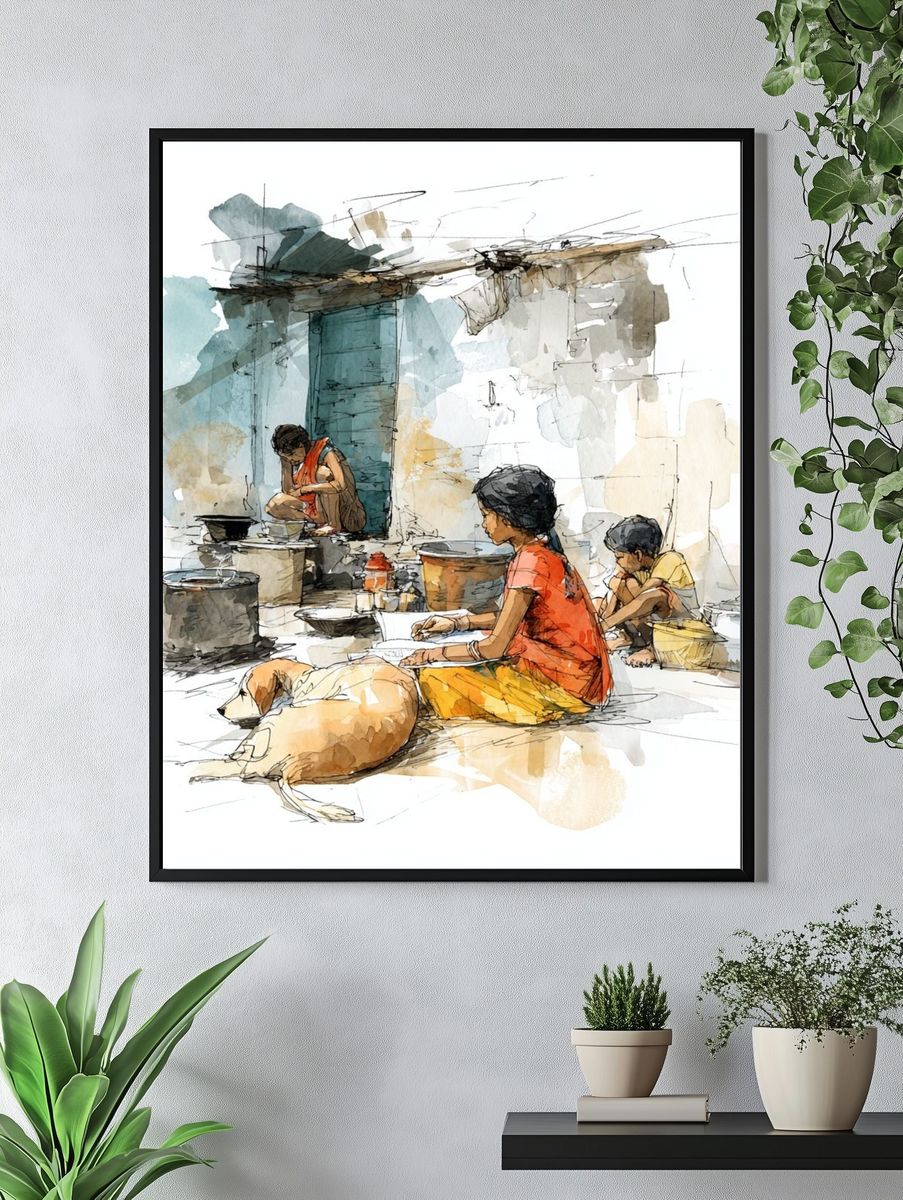 Village Life Watercolor Print. — room view 4